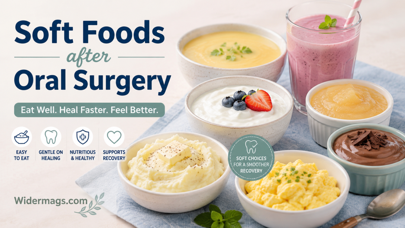 Soft foods after oral surgery including yogurt, mashed potatoes, soup, and scrambled eggs for recovery