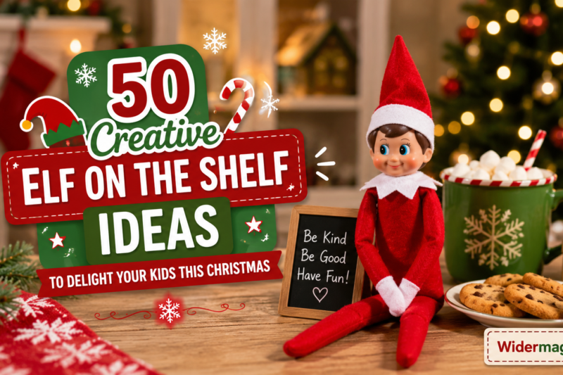 Creative Elf on the Shelf ideas displayed around a Christmas-themed home with festive decorations.