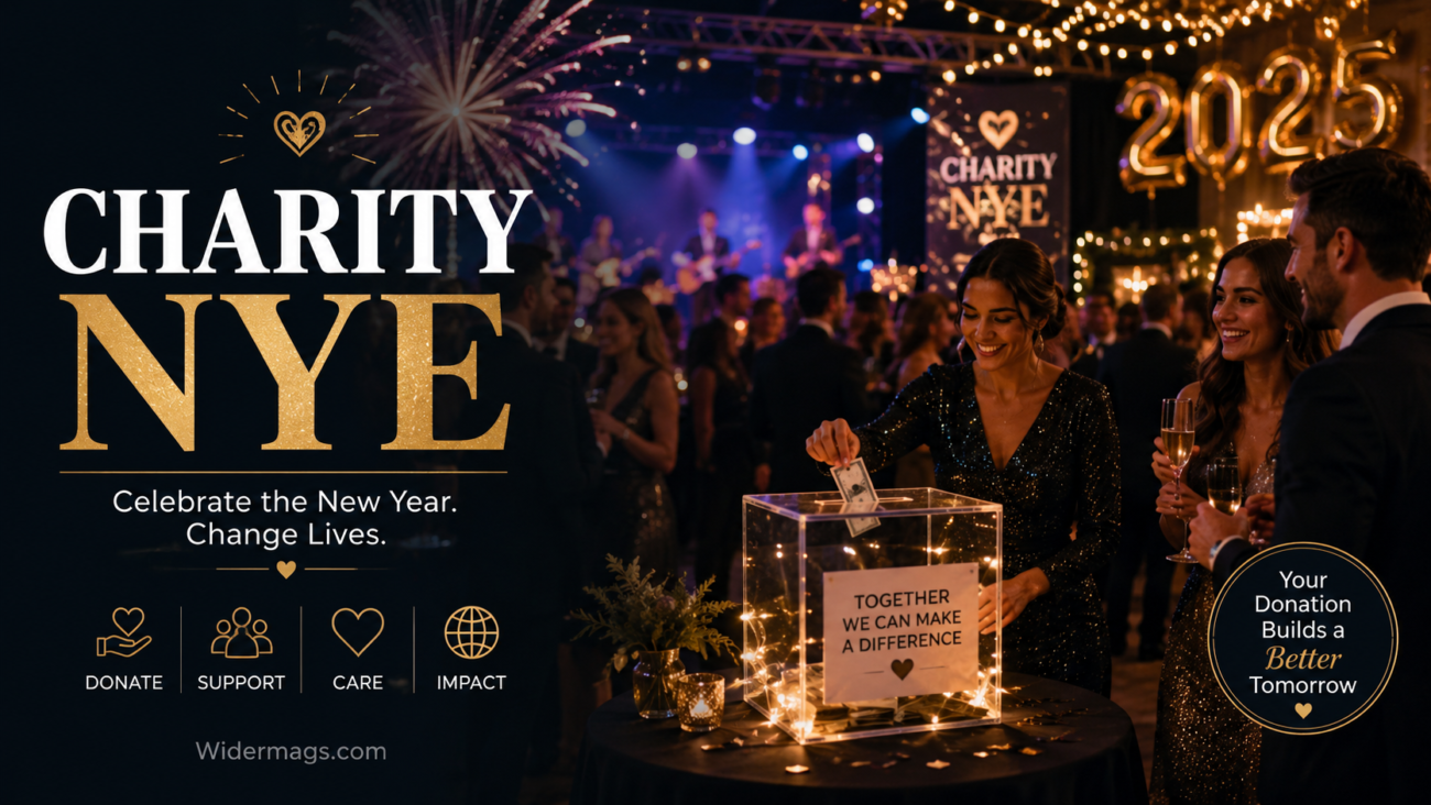 People celebrating at a charity NYE fundraising event while raising donations for community organizations.