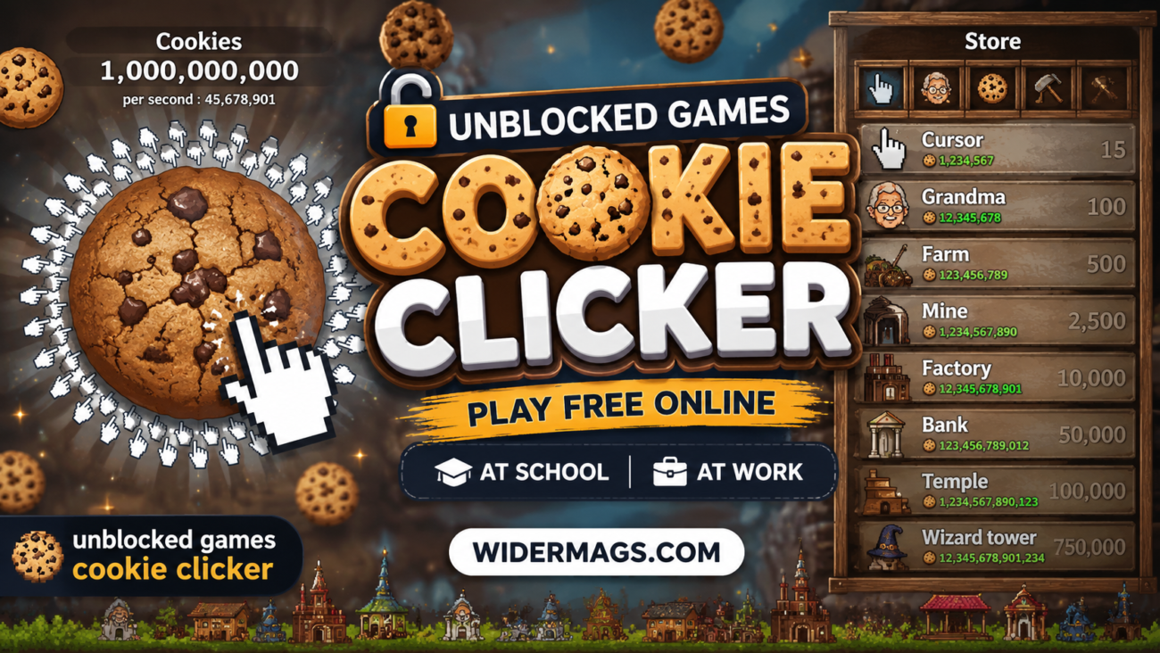 Unblocked Games Cookie Clicker gameplay on a browser with cookie upgrades and idle production.