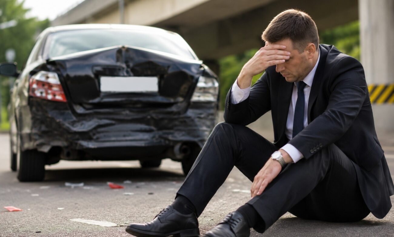 A distressed man sitting beside a damaged car after an accident, illustrating the essential steps to take after an accident.